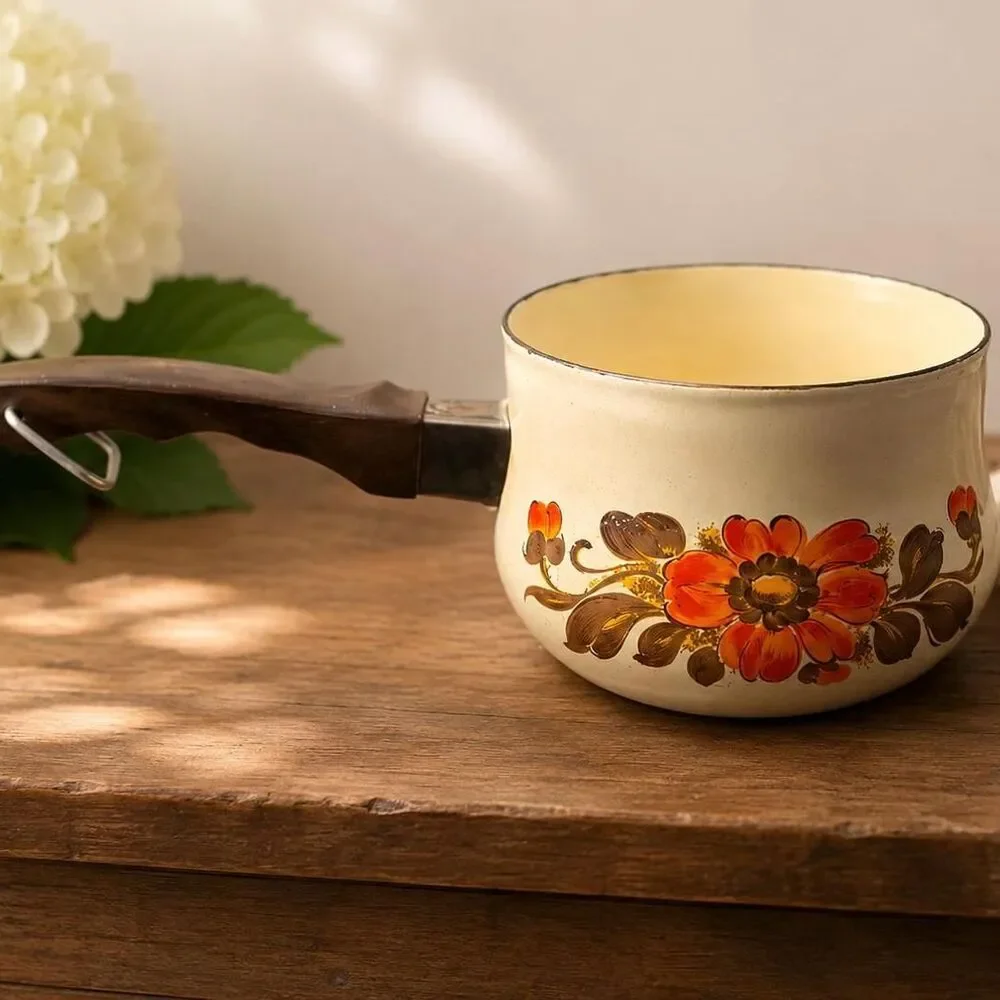 Vintage Moneta Made in Italy Enamel Saucepan | Mid-Century Floral Pan with Wood